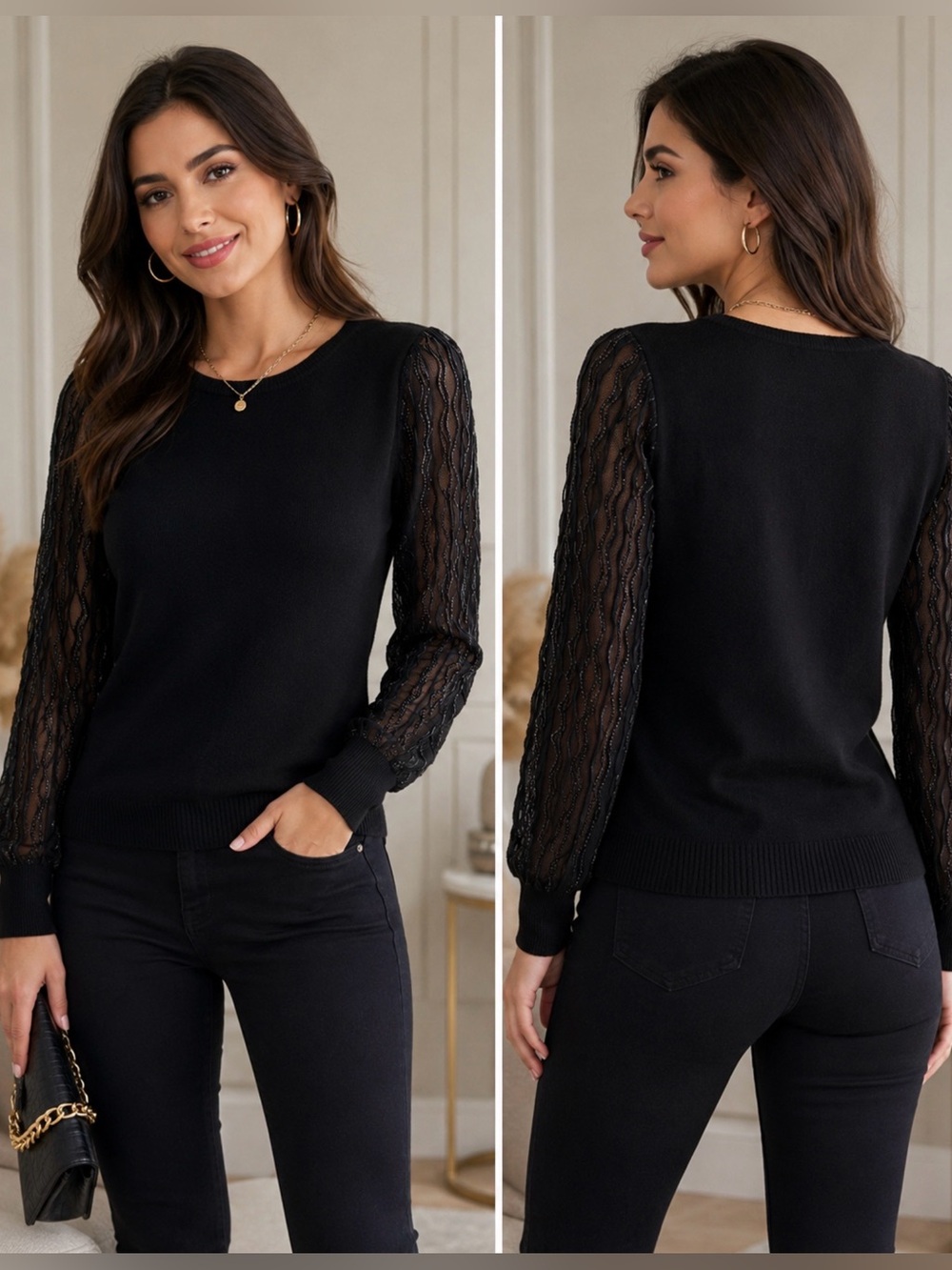 Sioni Milano Black Sheer Sleeve Knit Sweater Size Small